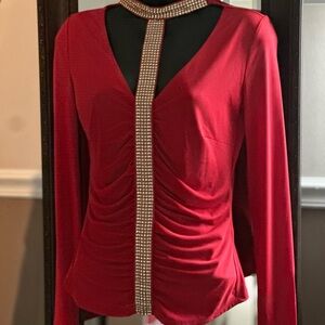 Boston Proper Red Blouse with Embellished Trim
